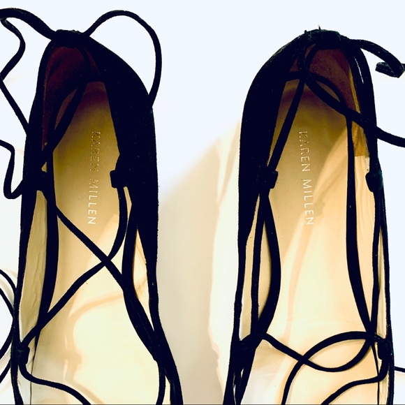 Karen Millen Lace Up Black Suede Flats 10 - Picture 6 of 8